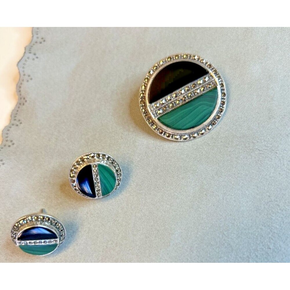 Vintage Sterling Silver, Marcasite, Malachite, Onyx Brooch And Earring Set
